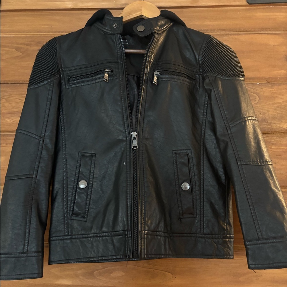 Boys, hooded leather jacket